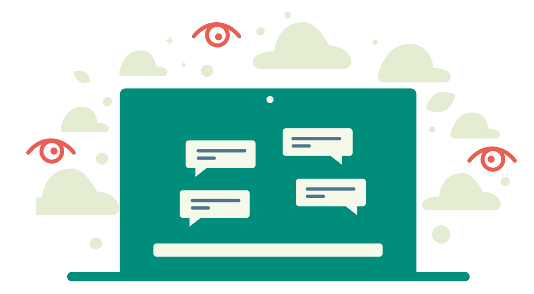 Illustration of a laptop displaying chat bubbles, with eye icons around it representing surveillance and monitoring.