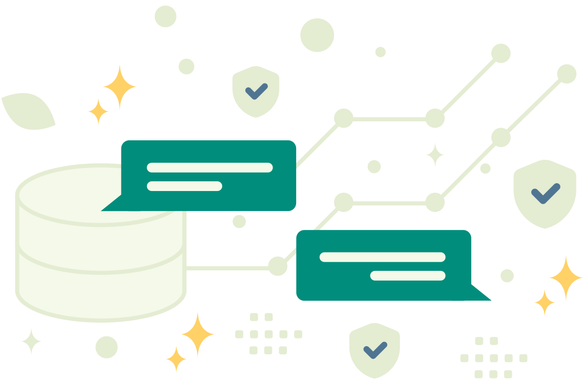 Illustration of chat bubbles representing Artificial Assistants, with interconnected nodes symbolizing data connections and security icons.